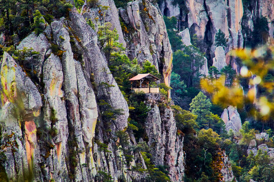 house in middle of a cliff in mountain with trees around, basaseachi chihuahua 