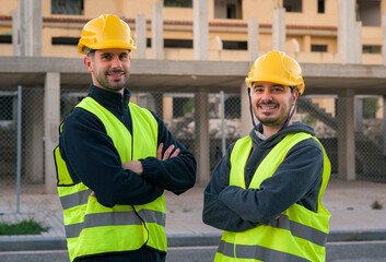 Worker smiling and looking at the camera with construction in the background