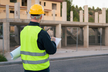 Unrecognizable working man writes in a notebook with a building in the background