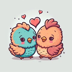 Cute couple of childish chicks in love. Color illustration. Generative AI