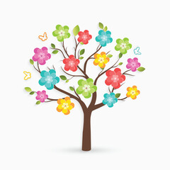 Paper tree with green leaves. Colorful, bright flowers are cut out of paper on wood.