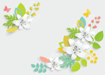 Paper flower with green leaves. Colorful, bright lilies are cut out of paper on a white background.