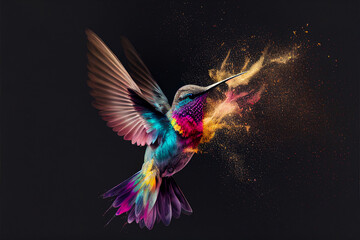 Obraz premium Abstract illustration of colibri bird in cosmic space. Glowing fantasy background. Holi powder