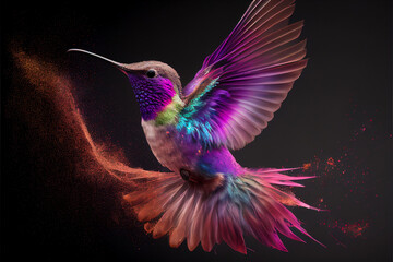Fototapeta premium Abstract illustration of colibri bird in cosmic space. Glowing fantasy background. Holi powder