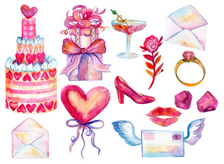 Valentine's day watercolor illustration collection of 600 dpi PNG isolated objects: cake, heart shaped balloon with ribbons, stack of gift boxes, love letters and envelopes, engagement ring, rose  