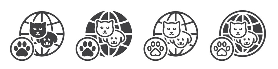 Set of dog and cat head icons with globe. Pet symbol on earth template. Dog and cat. Pet shop or veterinary clinic logo. Vector.