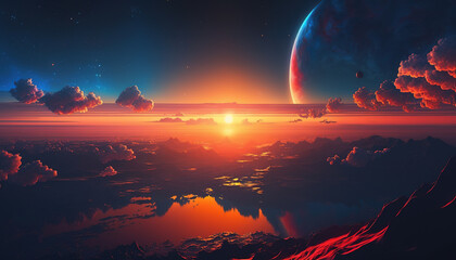 Fantasy sunset landscape. AI	