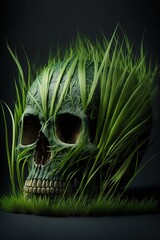 A beautiful skull with leaves and grass