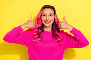 Photo of positive millennial lady show two like symbols demonstrate goof quality beauty salon isolated on vivid color background