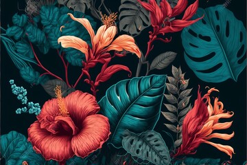 seamless pattern with compositions of hand drawn tropical flowers Generative AI