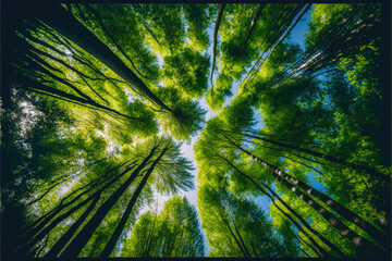 Looking up at the green tops of trees and sunlight. Green forest