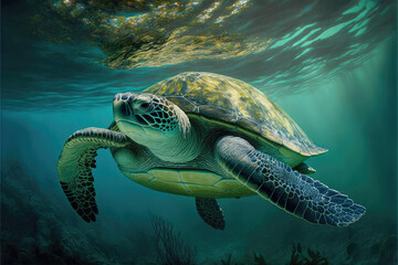 Green turtle swimming under the ocean