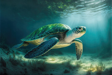 Green turtle swimming under the ocean