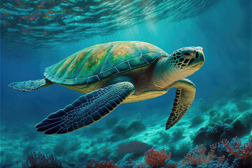Fototapeta premium Green turtle swimming under the ocean