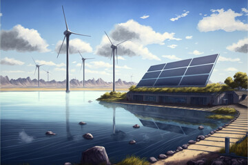 solar panels and turbines in the river