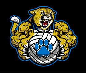 Obraz premium muscular cougar mascot holding volleyball for school, college or league sports