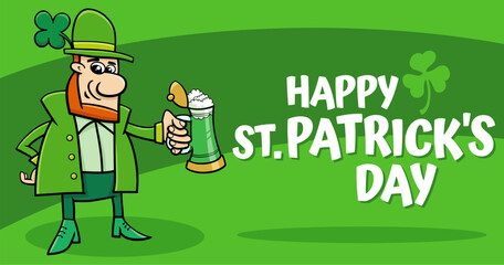 Saint Patrick Day design with cartoon Leprechaun with mug