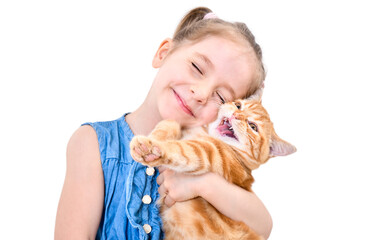 Portrait of a cute smiling girl holding a kitten in her arms isolated on a white background