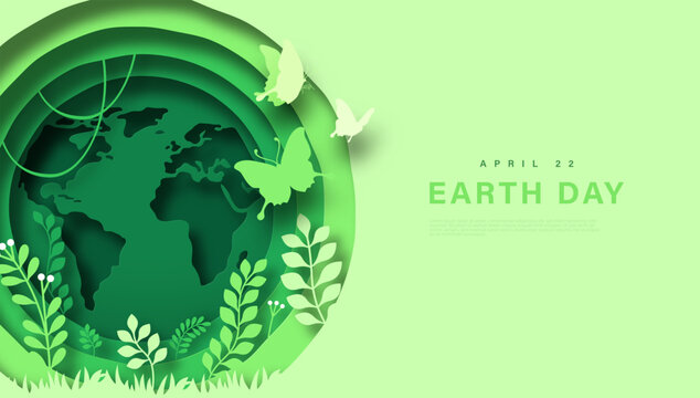 Earth day april 22 paper cut web template illustration. Green papercut planet with nature environment inside. Modern 3d cutout design concept of world map, plant leaf and butterfly.