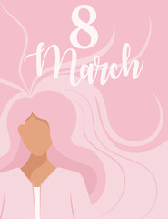 International Women's Day greeting card with woman.Banner for the international women's day.Isolated vector illustration for card, banner, poster, postcard, flyer.