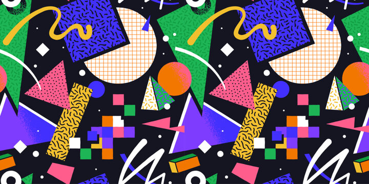 Colorful 90s style geometric shape seamless pattern. Trendy flat cartoon illustration background with retro decoration. Nostalgic zig zag lines, triangle element wallpaper, 80s fashion texture print.