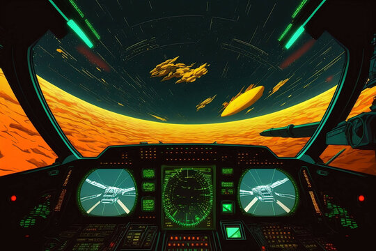 view from cockpit of spaceship,  pilot view from starship shuttle in virtual cyber space new quality universal colorful joyfultechnology travel stock image illustration design, generative ai