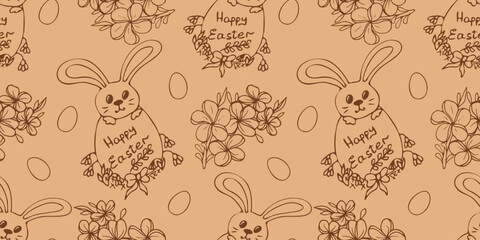 Easter bunny in an egg with a holiday inscription.  Vector hand drawn seamless pattern.