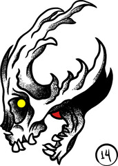 skull pointillism waves opening yellow eyes vector illustration