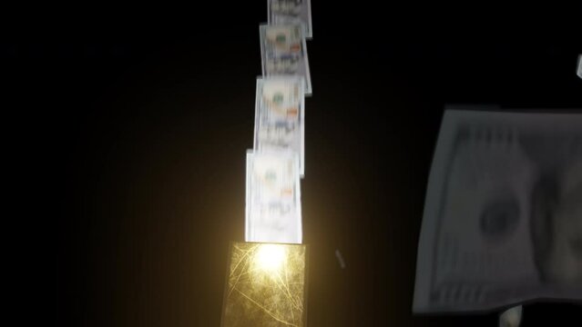 Golden money gun spewing $100 dollar bill in a rain of dollars. Printing money, inflation and excessive spending!