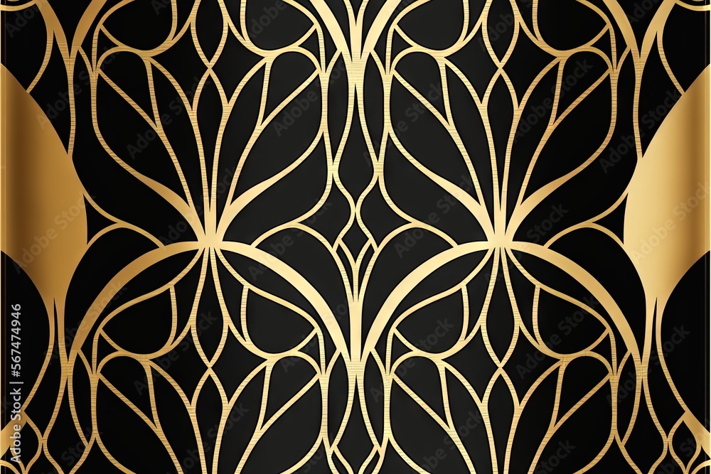 Wall mural  a black and gold wallpaper with a design on the back of the phone case that has a gold design on it and a black background.  generative ai