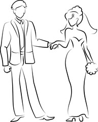 Young, beautiful, bride, in a veil, a bouquet of flowers, hand, black contour, scheme, logo.