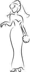 Young beautiful bride in a veil and with a bouquet of flowers in her hand. Black outline. Scheme, logo.