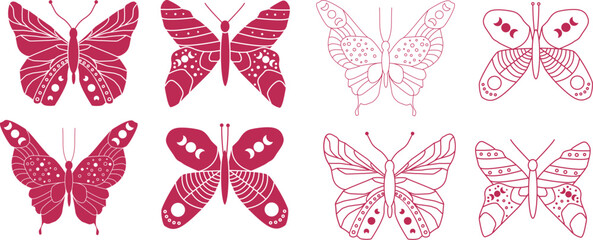 a set of isolated butterflies. Butterfly silhouette. Vector graphics of a butterfly. Butterfly color Viva Magenta, vector illustration. Viva Magenta color. 