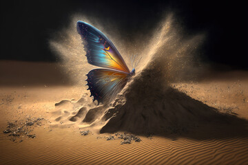 Detail of a butterfly rising violently from the sand