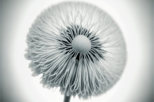  a black and white photo of a dandelion in the middle of the frame, with a white background and a black and white photo of a dandelion in the middle.  generative ai