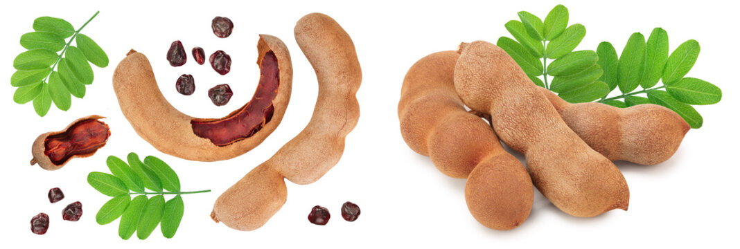 Tamarind fruit with leaf and seed isolated on white background, Top view. Flat lay
