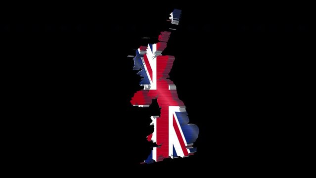 3D animation of United Kingdom map rotating, isolated by alpha channel (transparent background). UK flag. Travel to United Kingdom