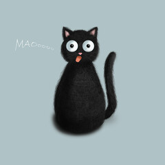 Funny meowing black cat on a green blue background 