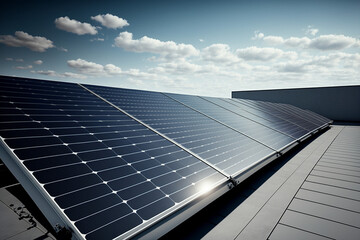 Solar panels on a roof with blue sky and a few clouds. Green energy by sun. Created with AI
