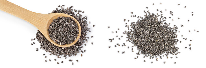 Chia seeds in wooden spoon isolated on white background with full depth of field. Top view. Flat lay.