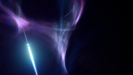 Rotating pulsar wrapped in nebula emitting high energy bursts. Outer space astronomy concept 3D illustration depicting blinking radiation flares of a magnetar or neutron star core in interstellar gas.