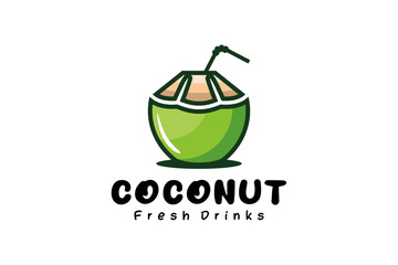 Young coconut logo design, fresh pure coconut fruit drink icon vector illustration