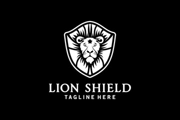 Shield lion logo design, abstract lion head silhouette vector illustration in shield