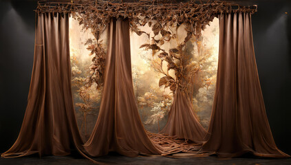 Background stage with curtains in a decorated pattern of nature elements
