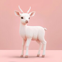 Beautiful white little goat on the pink background. Cartoon character, art with soft pastel colors. Generative AI art.