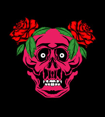 skull with red rose on black
