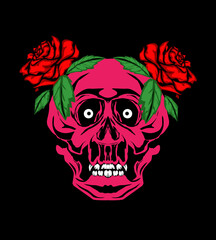 skull with red rose on black