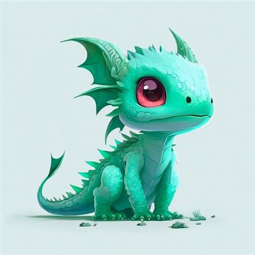 Little cute blue dragon with pink eyes, cartoon character. Green baby dinosaur, pretty creature. Generative AI art.
