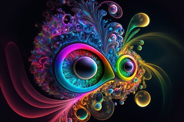 Abstract Owl Eyes in all the colors of the Rainbow. This futuristic psychedelic colour explosion decoration art pattern. Postproducted generative AI digital illustration.