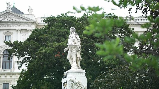 Mozart Monument in Vienna, Burggarten park. composer Wolfgang Amadeus Mozart. Travel destination for tourist visiting Austria. Europe summer tourism.